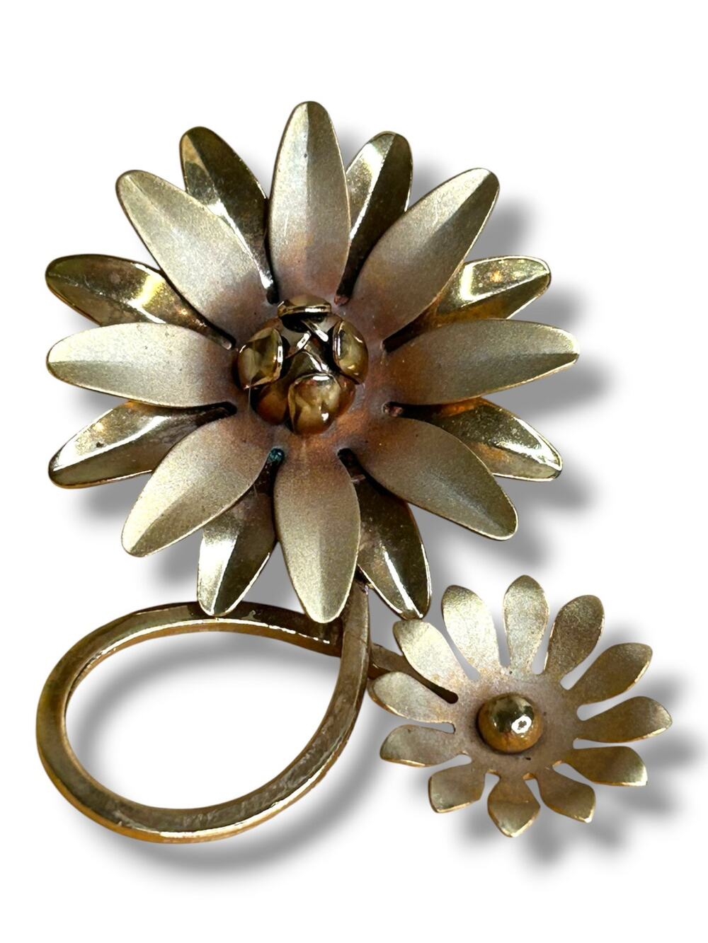 Vintage Gold Tone Double Daisy Flower Brooch Textured Layered Petals Pin MCM